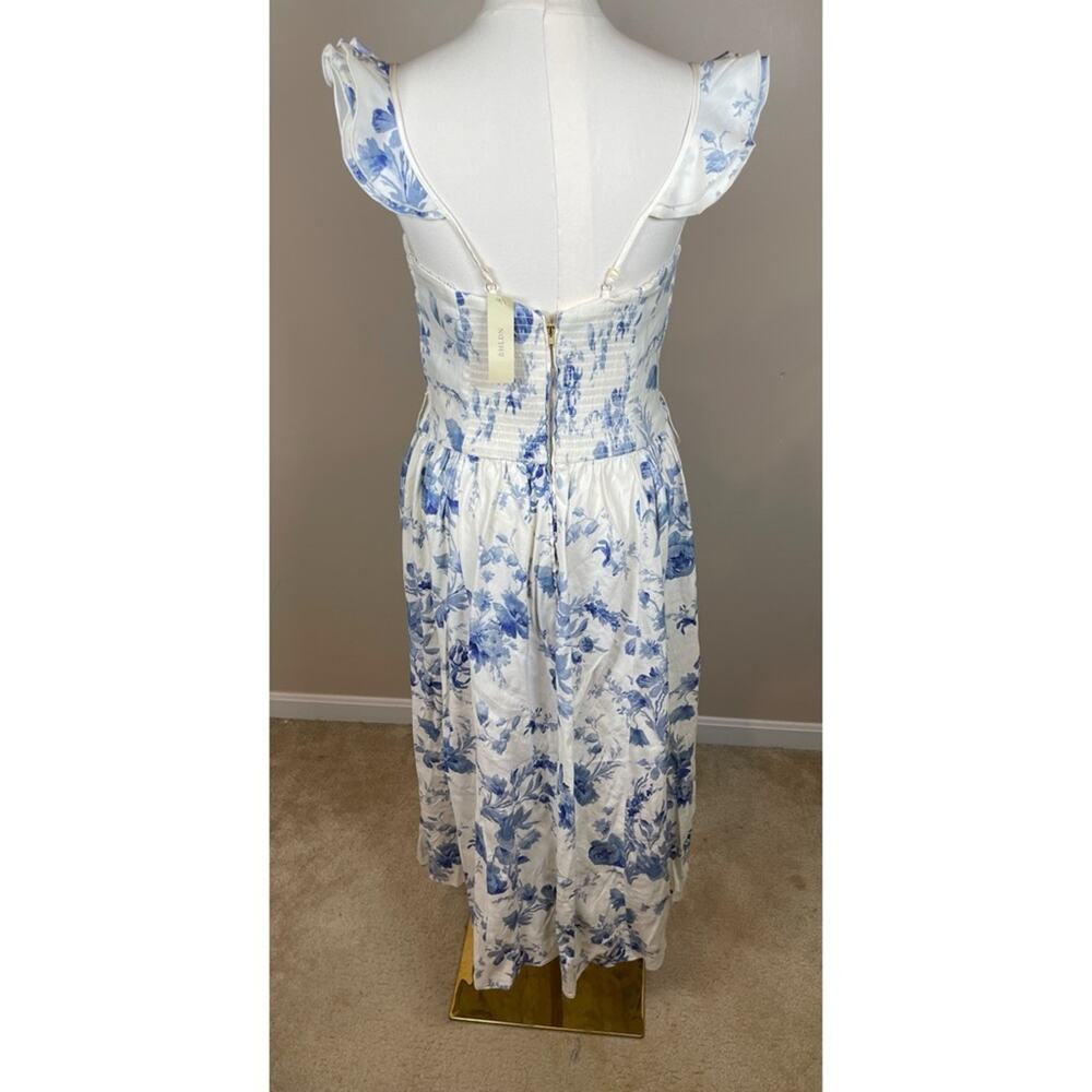 V. CHAPMAN Vera Ruffle Strap Corset Provencal Blue Floral Midi Dress Size 16 - Picture 10 of 12